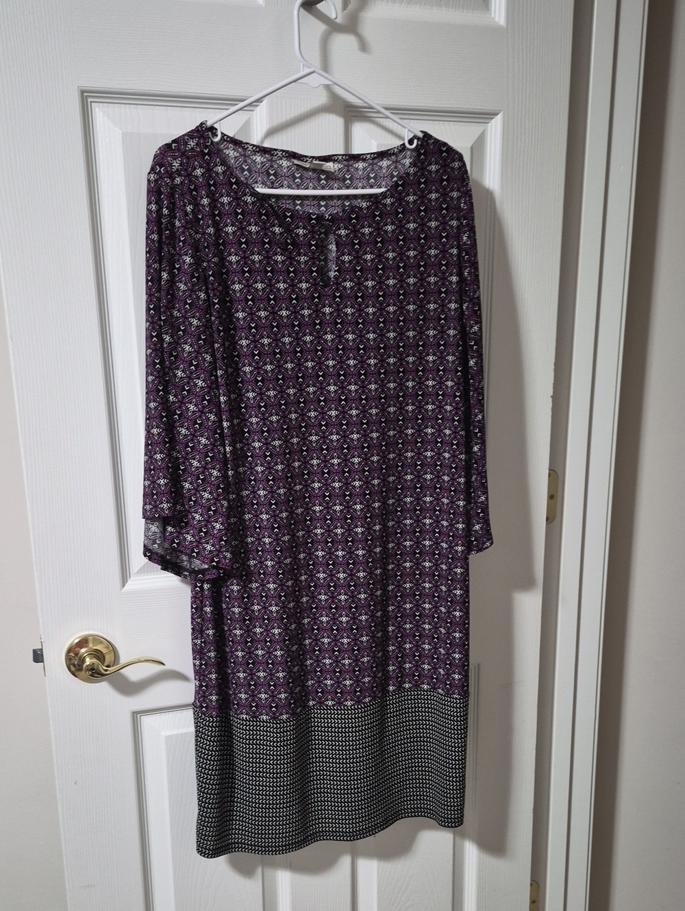 Dana Buchman Purple Printed Long-Sleeve Shift Dress